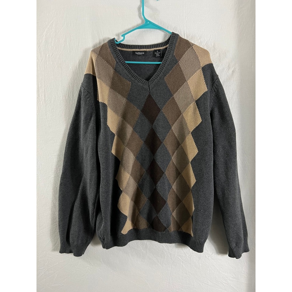 Pull Over Argyle V Neck Knit Grey Brown Cotton Dark Academia Indie Sleaze Twee